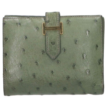 HERMES Bearn Compact Ostrich Green/Gold Wallet Size ONE SIZE