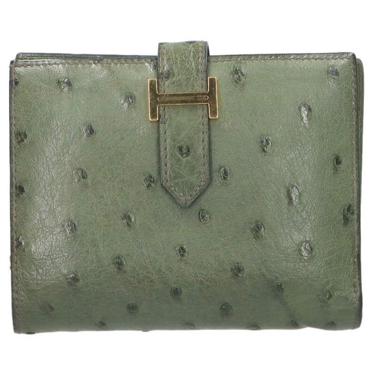 HERMES Bearn Compact Ostrich Green/Gold Wallet Size ONE SIZE