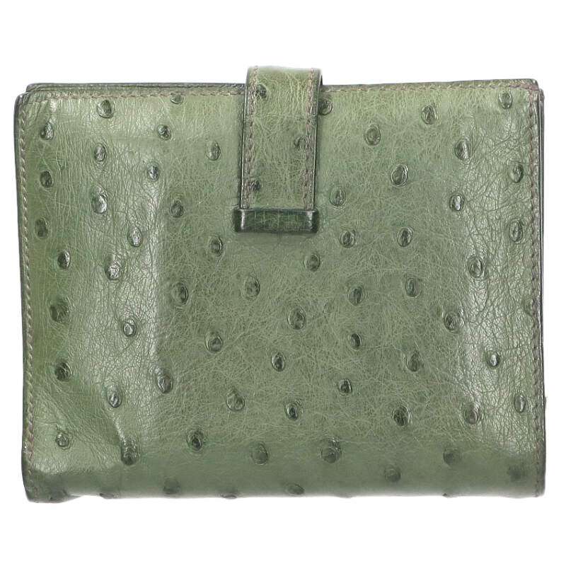 HERMES Bearn Compact Ostrich Green/Gold Wallet Size ONE SIZE