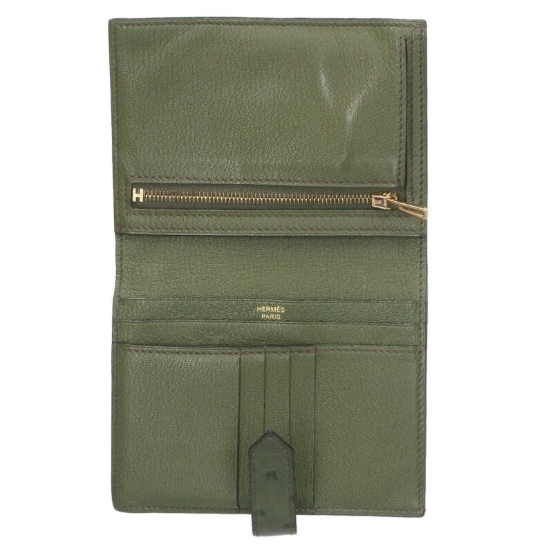 HERMES Bearn Compact Ostrich Green/Gold Wallet Size ONE SIZE
