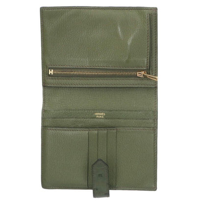 HERMES Bearn Compact Ostrich Green/Gold Wallet Size ONE SIZE