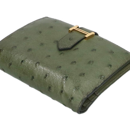 HERMES Bearn Compact Ostrich Green/Gold Wallet Size ONE SIZE