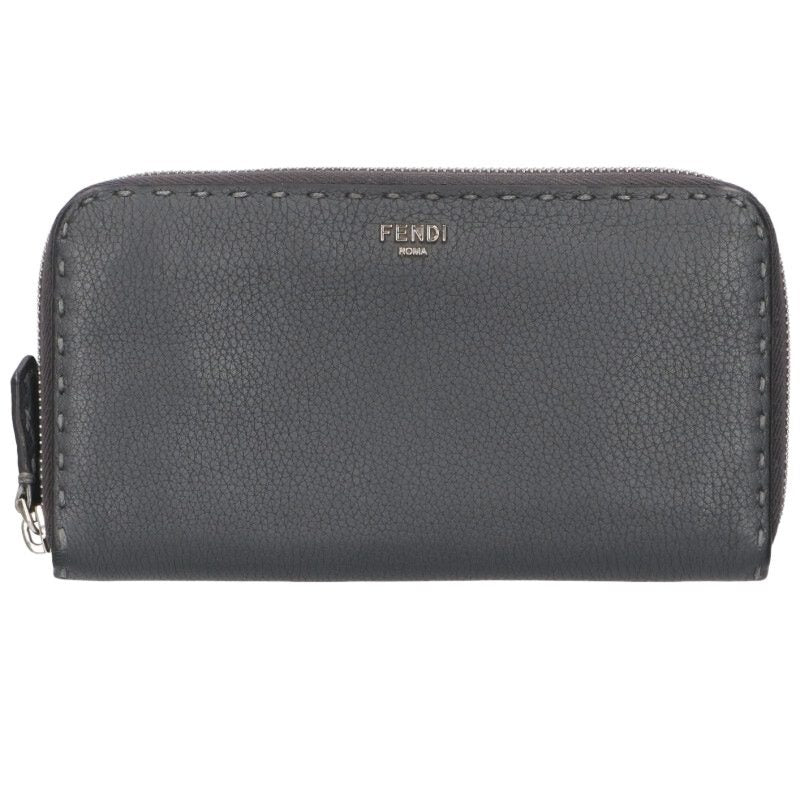 FENDI Selleria Round Zip Leather Wallet Gray Size ONE SIZE