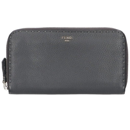 FENDI Selleria Round Zip Leather Wallet Gray Size ONE SIZE