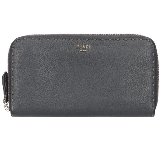 FENDI Selleria Round Zip Leather Wallet Gray Size ONE SIZE