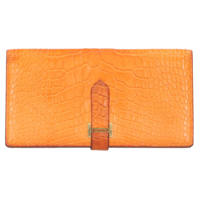 HERMES Alligator Béarn Soufflet Wallet Orange Size ONE SIZE