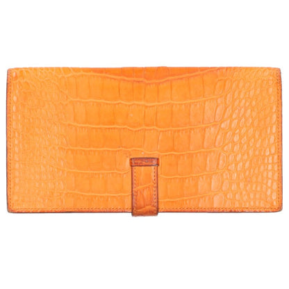 HERMES Alligator Béarn Soufflet Wallet Orange Size ONE SIZE