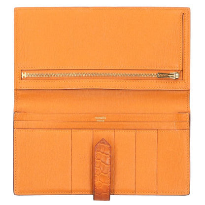 HERMES Alligator Béarn Soufflet Wallet Orange Size ONE SIZE