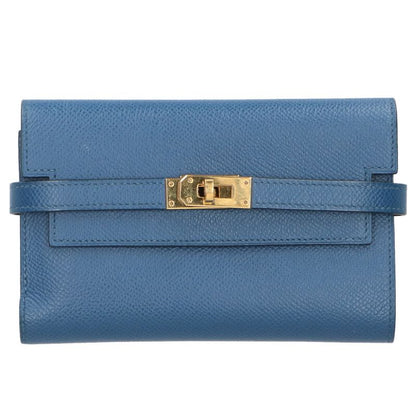 HERMES Veau Epsom Kelly Medium Wallet Blue Size ONE SIZE