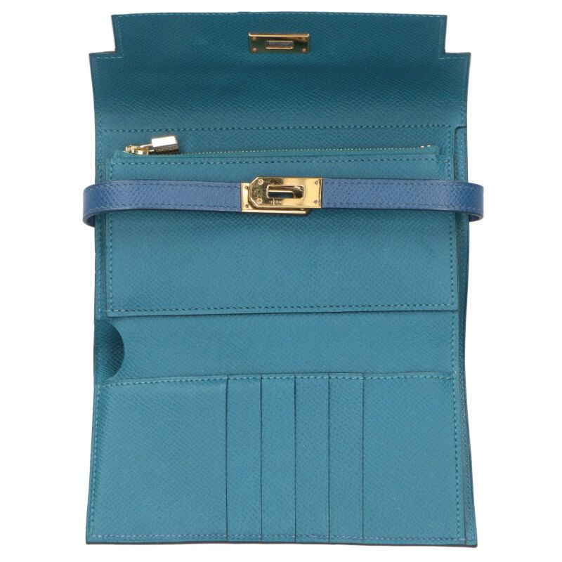 HERMES Veau Epsom Kelly Medium Wallet Blue Size ONE SIZE