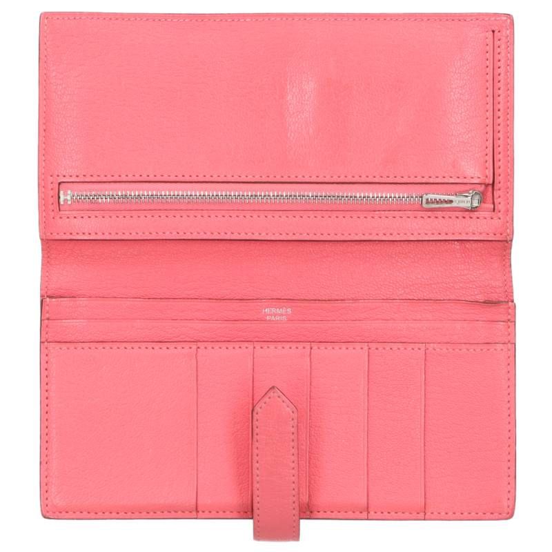 HERMES Bearn Soufflet Chevre Pink Silver Wallet Size ONE SIZE