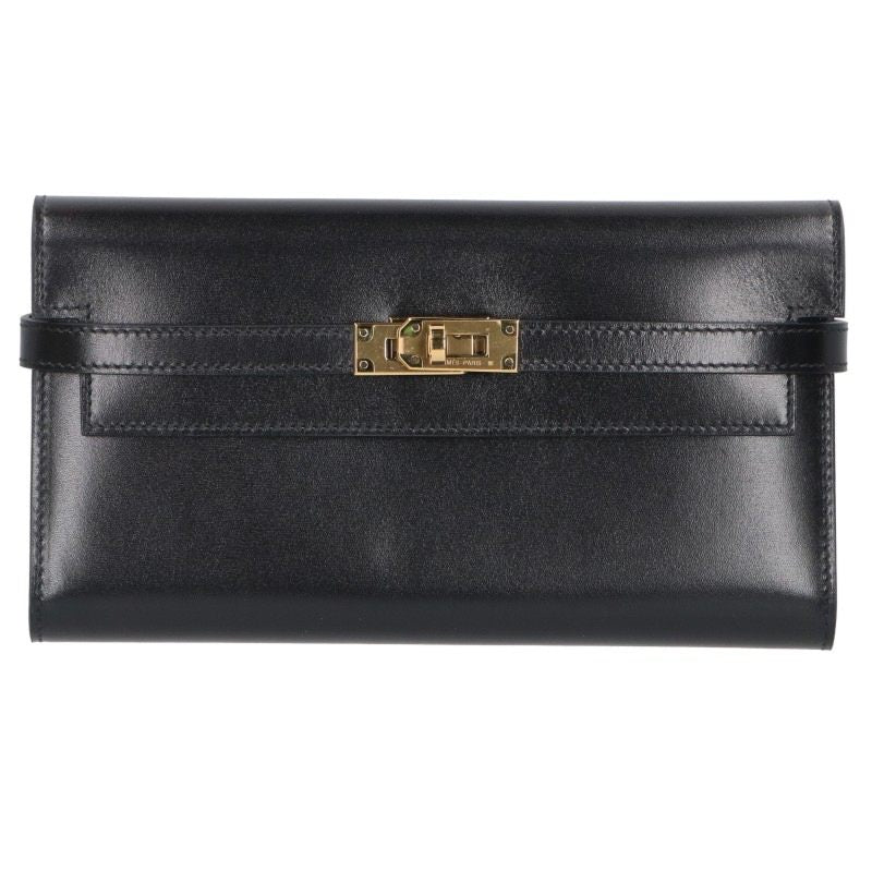 HERMES Kelly Calf Leather Long Black Gold Wallet Size ONE SIZE