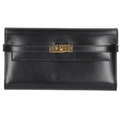 HERMES Kelly Calf Leather Long Black Gold Wallet Size ONE SIZE