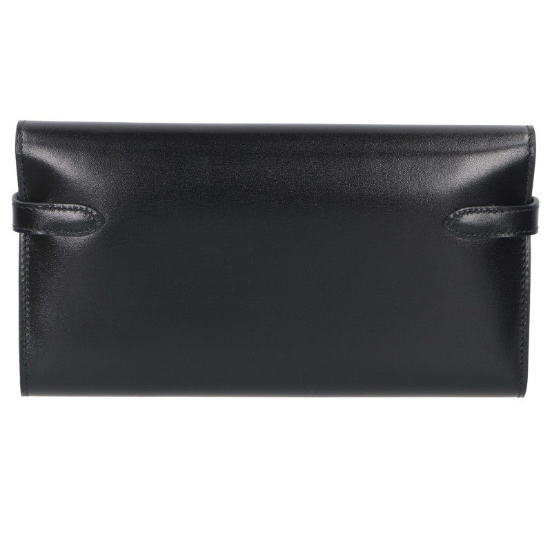 HERMES Kelly Calf Leather Long Black Gold Wallet Size ONE SIZE