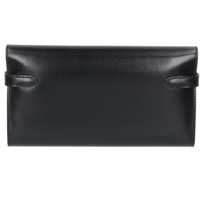 HERMES Kelly Calf Leather Long Black Gold Wallet Size ONE SIZE