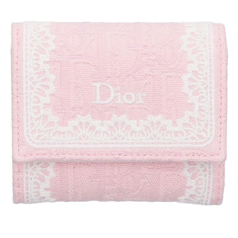 DIOR Jacquard Lace Design Trifold Wallet Pink Size ONE SIZE