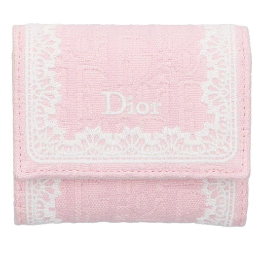 DIOR Jacquard Lace Design Trifold Wallet Pink Size ONE SIZE