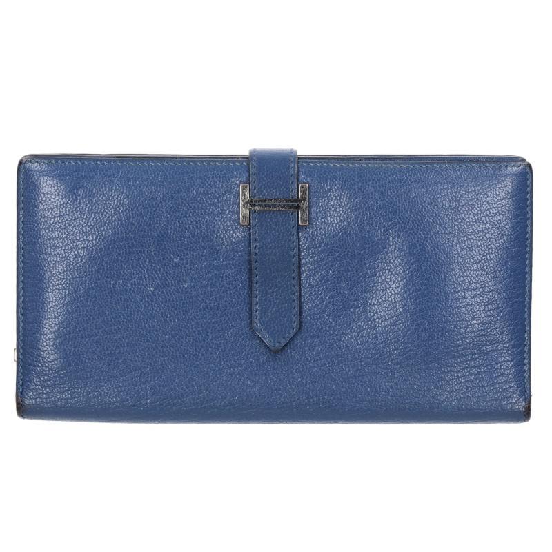 HERMES Bearn Soufflé Chevre Wallet Blue Size ONE SIZE