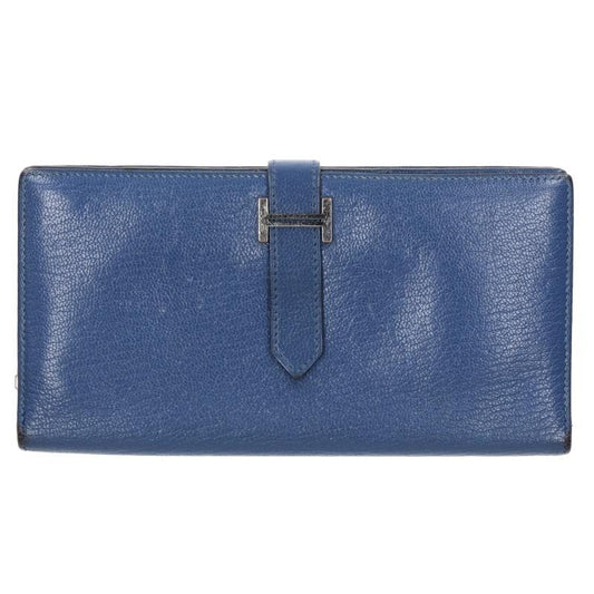HERMES Bearn Soufflé Chevre Wallet Blue Size ONE SIZE
