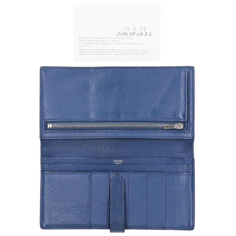 HERMES Bearn Soufflé Chevre Wallet Blue Size ONE SIZE