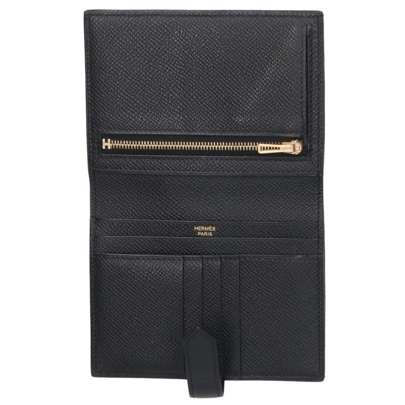 HERMES Bearn Compact Veau Epsom Wallet Black Size ONE SIZE