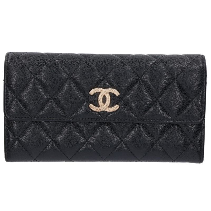 CHANEL Coco Mark Caviar Skin Leather Long Wallet Black