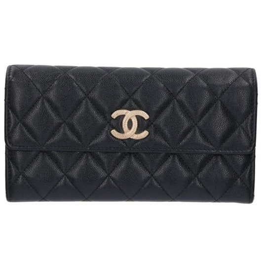 CHANEL Coco Mark Caviar Skin Leather Long Wallet Black