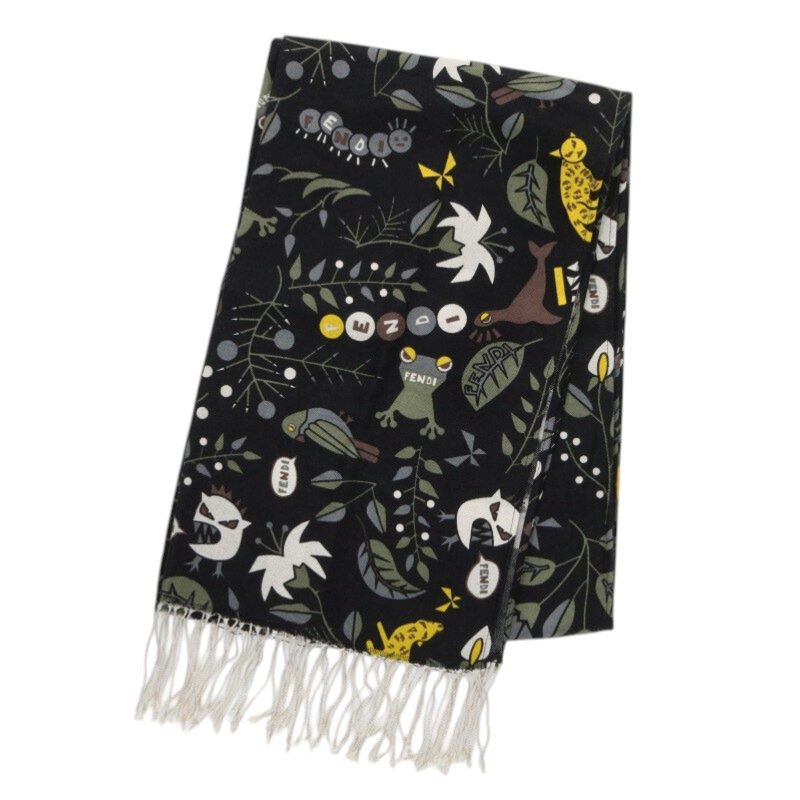 FENDI Black Multi Wool Silk All-Over Pattern Size ONE SIZE