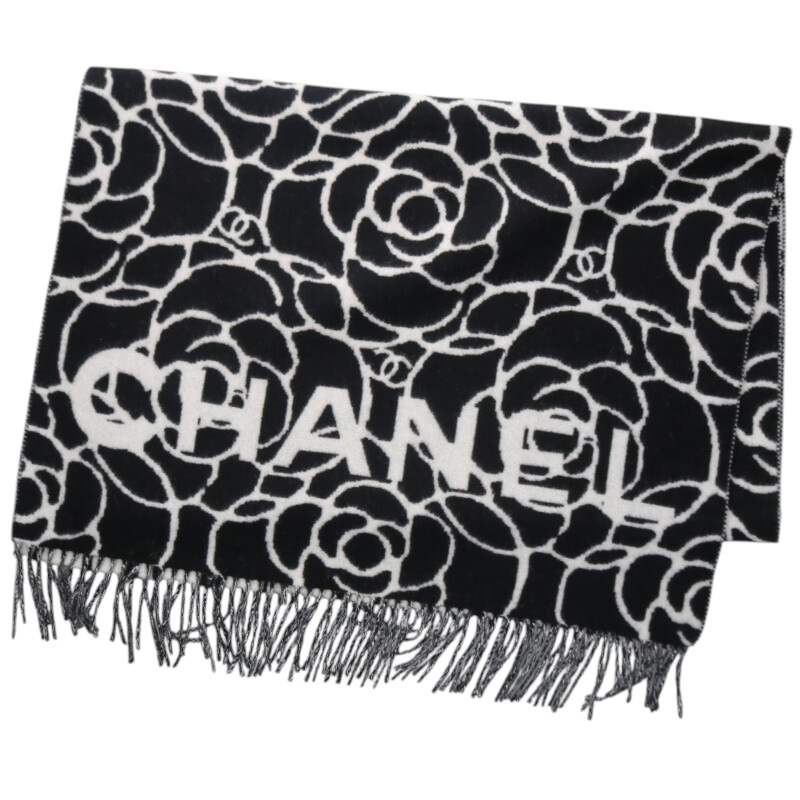CHANEL Camellia Logo Cashmere Scarf Black Size ONE SIZE