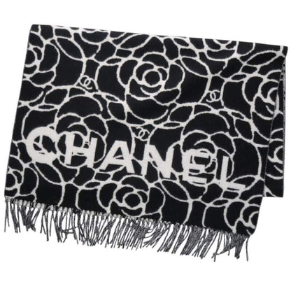 CHANEL Camellia Logo Cashmere Scarf Black Size ONE SIZE