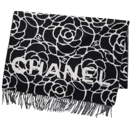 CHANEL Camellia Logo Cashmere Scarf Black Size ONE SIZE
