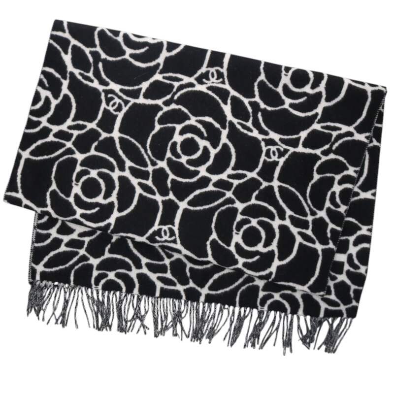 CHANEL Camellia Logo Cashmere Scarf Black Size ONE SIZE