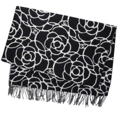 CHANEL Camellia Logo Cashmere Scarf Black Size ONE SIZE