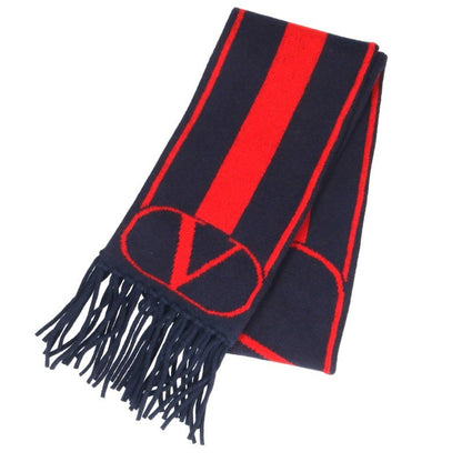 VALENTINO Logo Wool Cashmere Scarf Navy/Red Size ONE SIZE