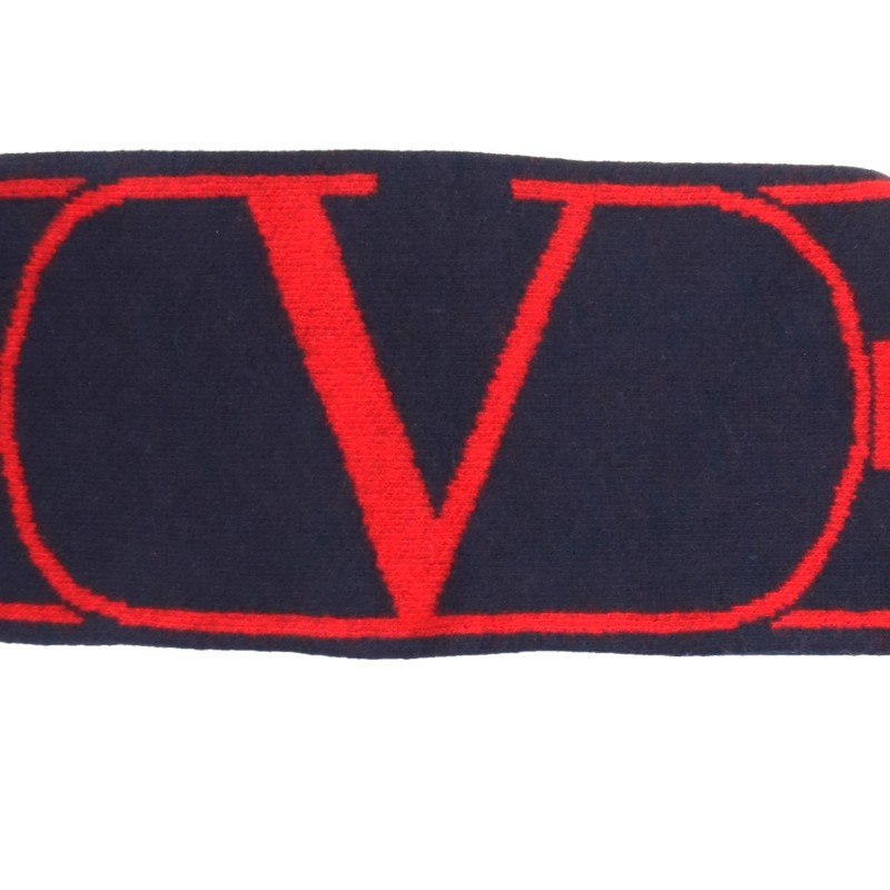 VALENTINO Logo Wool Cashmere Scarf Navy/Red Size ONE SIZE