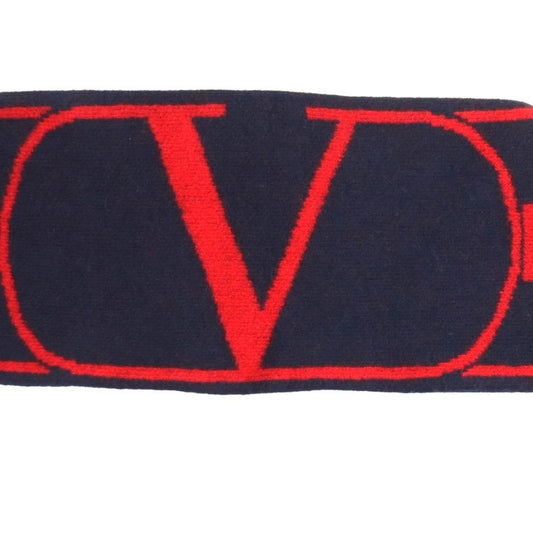 VALENTINO Logo Wool Cashmere Scarf Navy/Red Size ONE SIZE