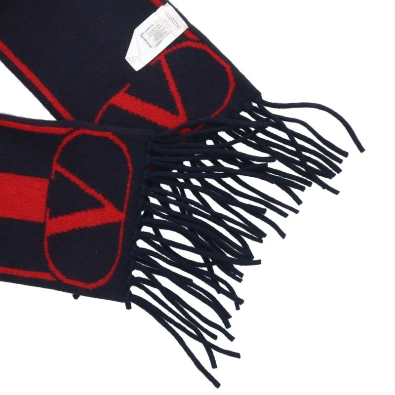 VALENTINO Logo Wool Cashmere Scarf Navy/Red Size ONE SIZE