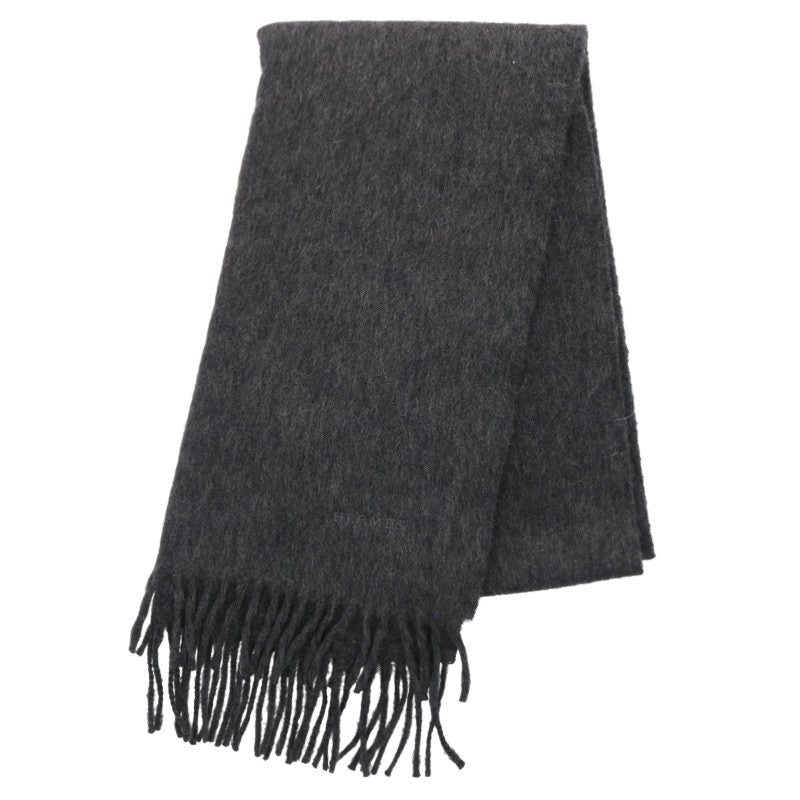 HERMES Cashmere Fringe Scarf Gray Size ONE SIZE