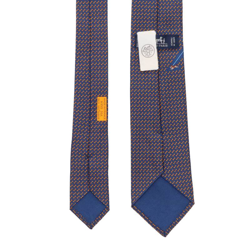 HERMES Bone Pattern Silk Tie Navy Size ONE SIZE