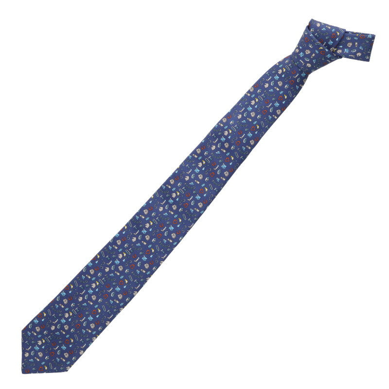 HERMES Accessory Pattern Silk Tie Blue Size ONE SIZE