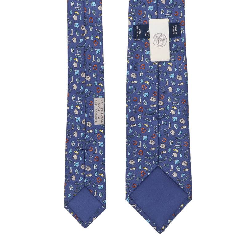 HERMES Accessory Pattern Silk Tie Blue Size ONE SIZE