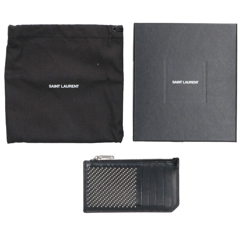 Saint Laurent Paris Stud Leather Card Case Black x Silver One Size