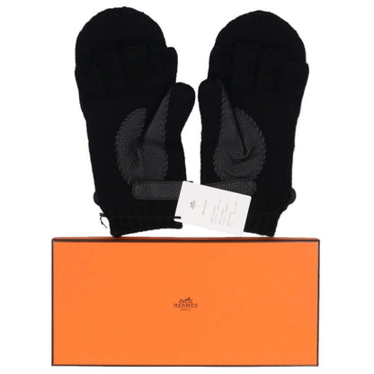 HERMES Lionel Cashmere Knit Gloves Black Size M