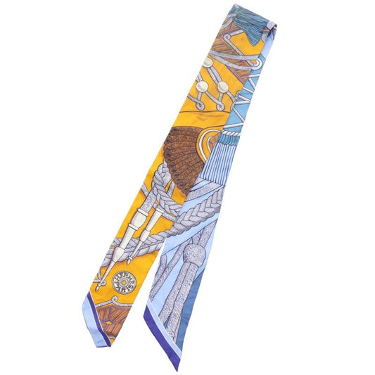 HERMES Twilly Silk Pattern Scarf Blue Yellow Size ONE SIZE