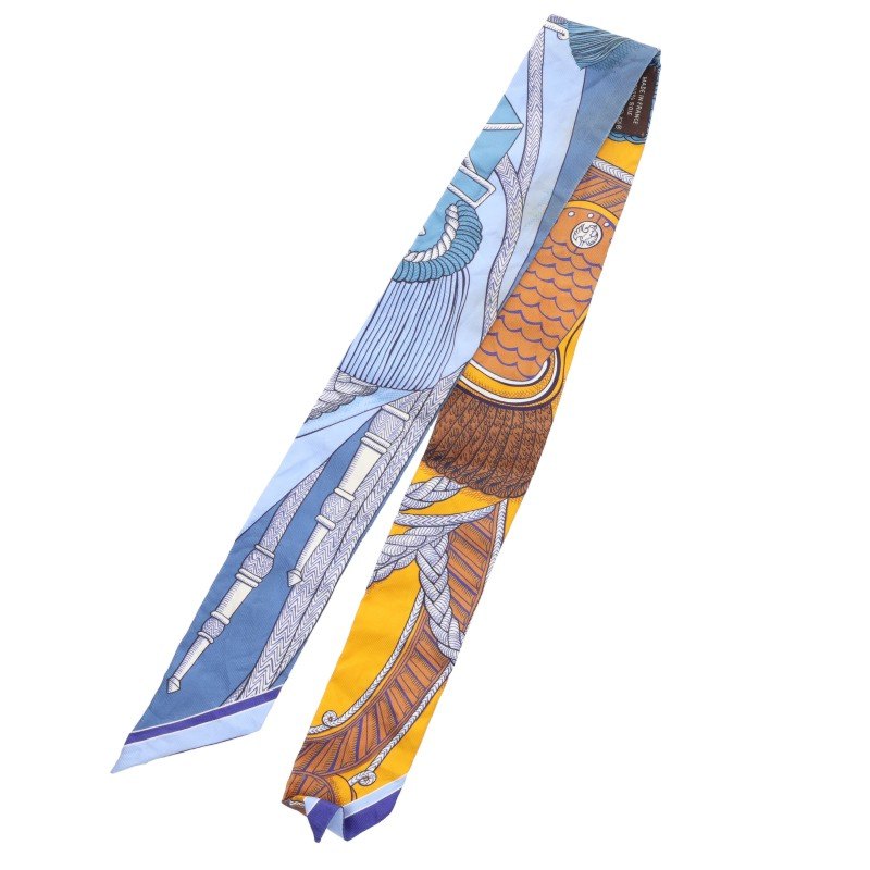 HERMES Twilly Silk Pattern Scarf Blue Yellow Size ONE SIZE