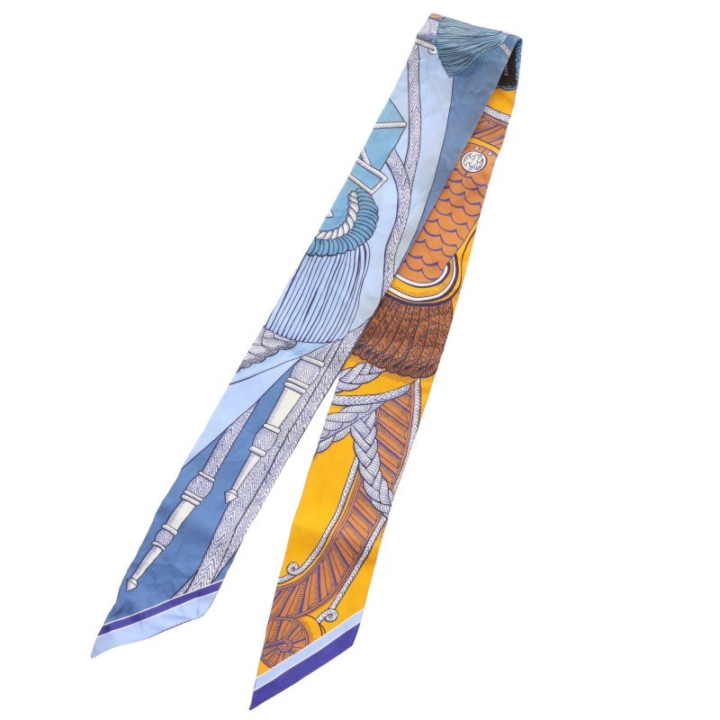 HERMES Twilly Silk Pattern Scarf Blue Yellow Size ONE Multi