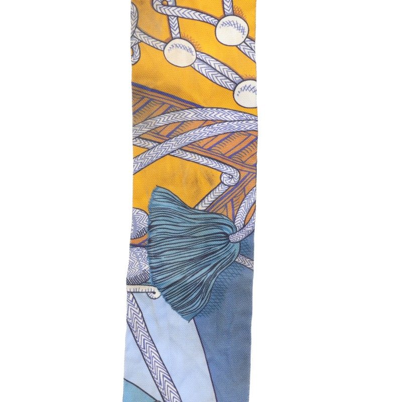HERMES Twilly Silk Pattern Scarf Blue Yellow Size ONE Multi