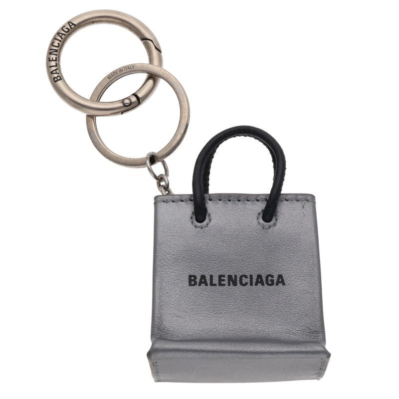 BALENCIAGA Logo Leather Charm Keyring Gray Size ONE SIZE