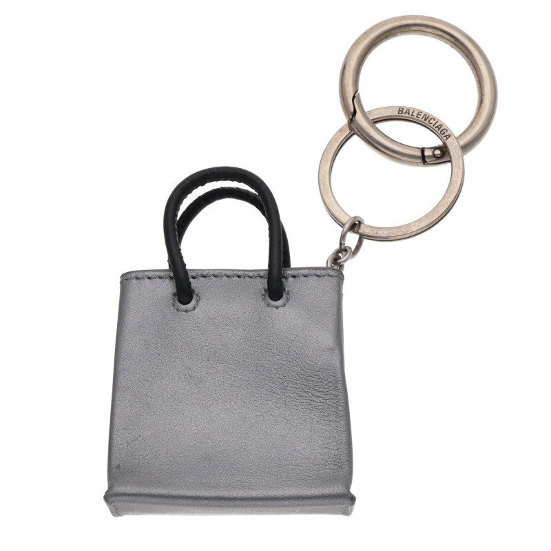 BALENCIAGA Logo Leather Charm Keyring Gray Size ONE SIZE