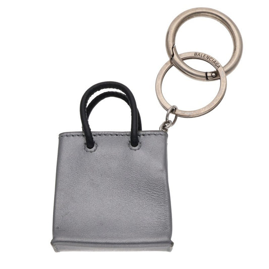 BALENCIAGA Logo Leather Charm Keyring Gray Size ONE SIZE